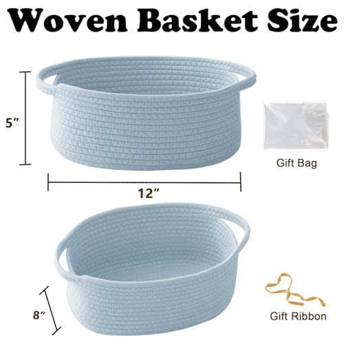 Image of Blue Woven Rope Basket - Baby Gift Basket with Bag & Ribbon