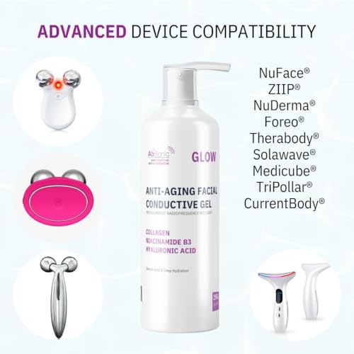 Absonic Glow Microcurrent Conductive Gel for Face — NuFace Compatible Enriched with Hyaluronic Acid, Collagen, Niacinamide B3 for Facial, LED, RF & Red Light Devices - 8.5oz Bottle - Made in USA