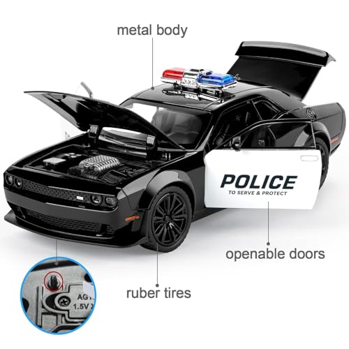 Image of 1 /24 Dodge Challenger Hellcat Model Car, Zinc Alloy Pull Back Toy car with Sound and Light for Kids Boy Girl Gift (Police Black)
