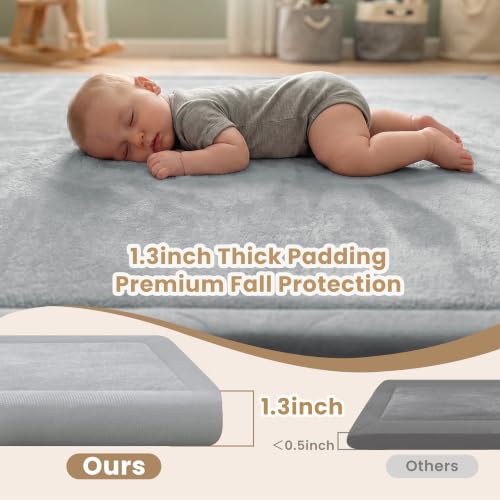 Image of ACOMOPACK Baby Play Mat for Floor,1.3 inch Thick Elasti-Foam 59 inchx71 inch Non-Slip Water Repellent,Non-Toxic Playpen Mat for Infants Toddlers Kids, Ultra Soft Coral Velvet for Tummy Time Crawling(Light Grey)
