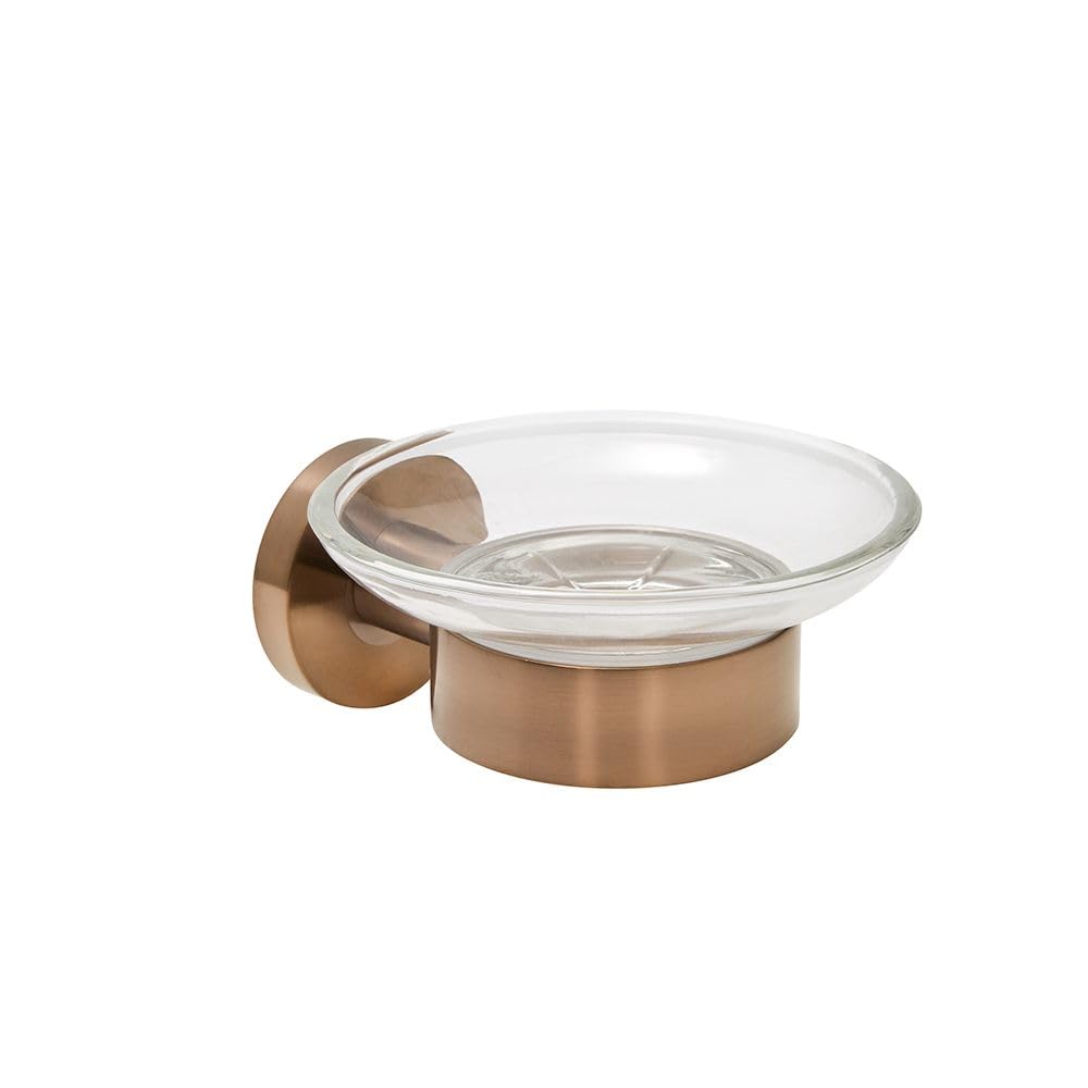Milano Alara Round Wall Mounted Bathroom Glass Soap Dish With Brushed Copper Holder