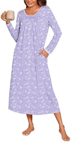 Ekouaer Long Nightgowns for Women Long Sleeve Sleepshirts Loungewear Casual Sleepwear Loose Sleep Dress with Pockets