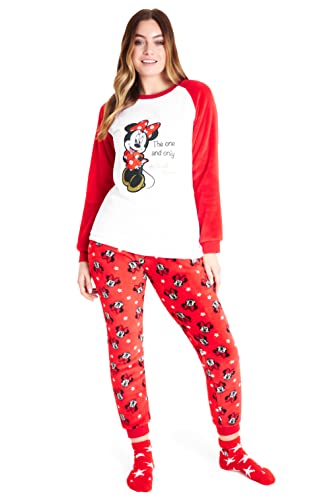 Image of Disney Womens Pyjamas, Fleece Loungewear and Fluffy Socks Stitch Gift Set (Standard, S, White /Red Minnie)