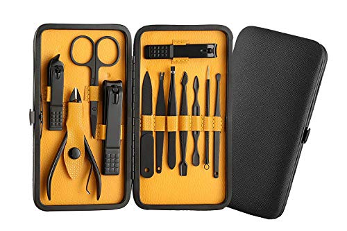 Faigy12 Piece Nail Care Set Nail Cutter Cuticle Clipper Pedicure At Home Manicure Professional Grooming Kit Gift Set Travel Case Set Men Women (Yellow)