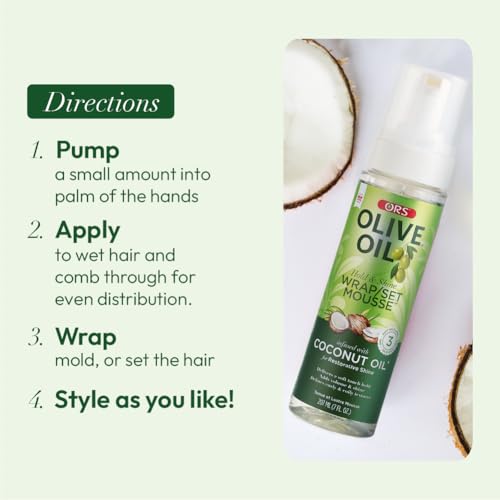 ORS Olive Oil Hold & Shine Wrap Set Mousse 207 ml – Haarschaum Stärkt das Haar mit Hydrolysiertem Kollagen, Spendet Feuchtigkeit Durch Panthenol und Pflegt mit Olivenöl für Geschmeidigen Glanz