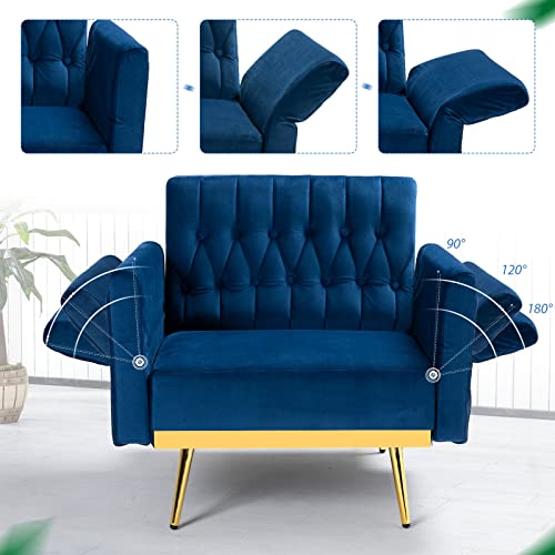 Acmease Velvet Accent Chair With Adjustable Armrests And Backrest, Button Tufted Lounge Chair, Single Recliner Armchair With Ottoman And Pillow For Living Room, Bedroom, Blue #TOP1