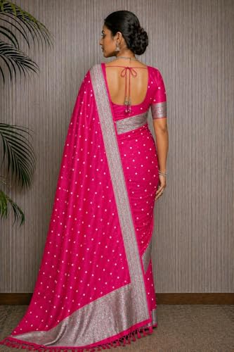 Image of Women's Glory Kanjivaram Banarasi Silk Saree with Polka Dot Embroidery Blend Woven Zari with Jacquard Woven Unstitched Blouse Piece.