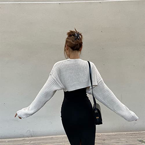 Mutumobo Women Long Sleeve Open Front Ribbed Knit Crop Cardigan Solid Loose Drop Shoulder Shrug Bolero Crop Sweater Top(M,Us,Women,White) #TOP6
