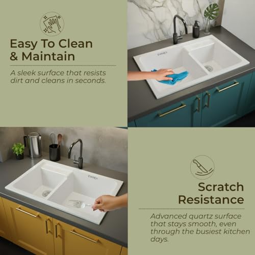Image of EVANEX Quartz Kitchen Sink | 31x18x9 Inch Double Bowl Sink for Kitchen | Granite Topmount /Undermount Kitchen Sinks | Sand Pluto Double Sink with Connector, Waste Pipe, Coupling and Drain Basket