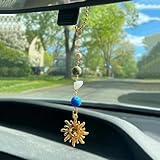 Sun Hanging Car Charm,Green and Gold Rear View Mirror Accessories Cute Boho Dangling Sun Car Decor Handmade Healing Crystals Stones Ornament Gifts for Women Men