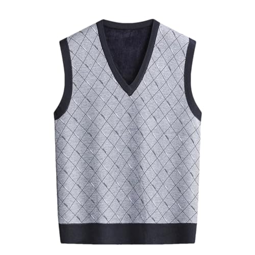 Men's Turtleneck Sleeveless Knit Vest Plaid Fleece Lining Zipper Computer Knitted Pullover