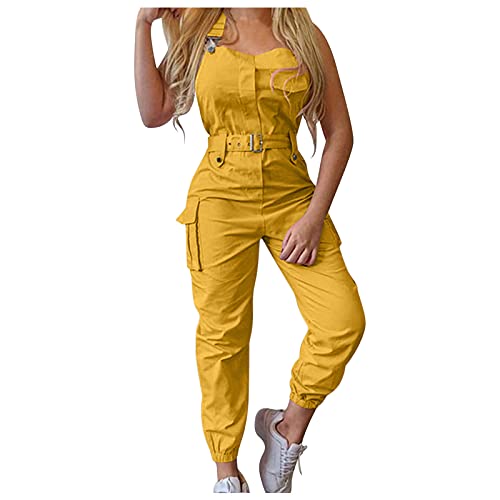 Damen Latzhose Stretch Cargo Einfarbig Bandeau Slim Fit Hosenanzug Mit Taschen Und Verstellbarem Gürtel Arbeitshosen Lange Frauen Arbeitslatzhose Mit Taschen Und Verstellbarem Spaghettiträger