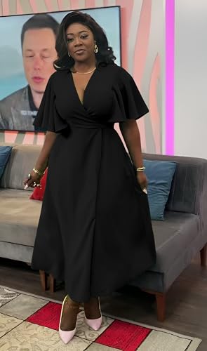 Image of Summer Dresses for Women Semi-Formal Fit Casual Short Ruffle Sleeve V Neck Elegant Swing Split Long Maxi Dresses