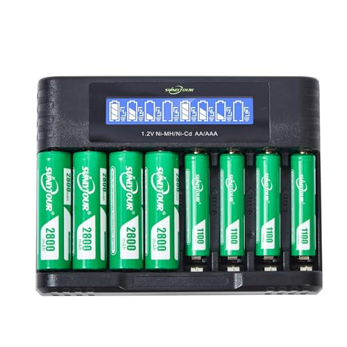 2800mAh Ni-MH AA Batteria & 1100mAh Ni-MH AAA Batteria con Caricabatterie, SUNLYTOUR 4 Piles 2800mAh AA Ni-MH Batterie & 4 Piles 1100mAh AAA Batterie con Caricabatterie, Ricarica fino a 1200 Cicli
