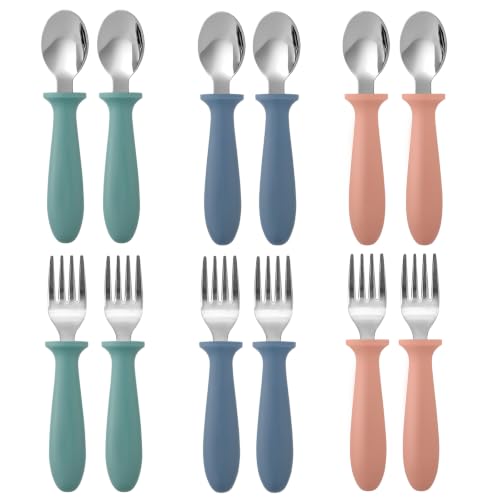 Image of Toddler Flatware Sets 12 Piece Dark Kids Forks and Spoons Stainless Steel Utensils with Easy Grip Handles for Self Feeding Baby Children Boys Girls