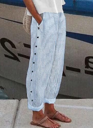 Women's Casual Loose Fit Striped Pants Wide-Leg Style with Side Buttons and Pockets2