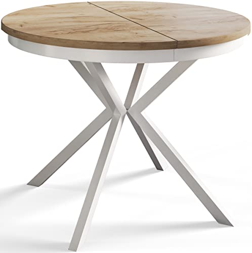 alpimeble Mesa Redonda de 90 cm / 170 cm Montaña,Mesa Plegable,Mesa de Cocina,Mesa de Comedor,Mesa de Comedor,Mesa de salón,Mesa de Interior,Mesa Moderna,Patas metálicas Blancas,Extensible,Artesanía