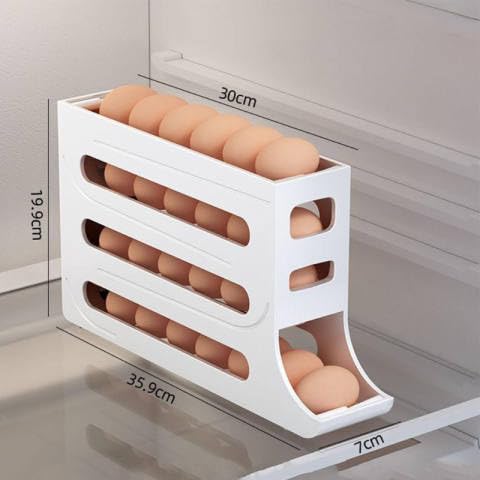 Image of Plastic Automatic Rolldown Refrigerator 4 Tier Rectangular Egg Rolling Dispenser, Holds Up To 30 Eggs, Holder For Fridge Storage - (WHITE)