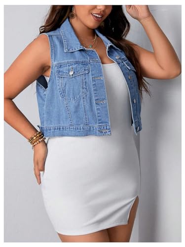 MakeMeChic Women's Plus Size Denim Vest Button Down Flap Pocket Jean Sleeveless Collar Crop Jacket Cowgirl Outfits4