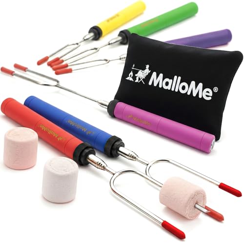 MalloMe Smores Sticks for Fire Pit -Rotating 34 inch Marshmallow Roasting Sticks Smores Kit Outdoor -Accessories for Campfire- Smore Skewers Hot Dog Fork Camping Essentials Bonfire Gear Long (6 Pack)