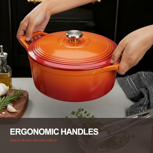 Image of Overmont Enameled Cast Iron Dutch Oven - 5.5QT Pot with Lid Cookbook & Cotton Potholders - Heavy-Duty Cookware for Braising, Stews, Roasting, Sourdough Baking Orange