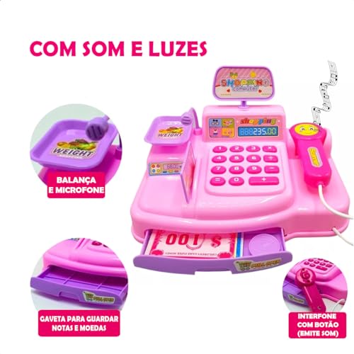 Mini Caixa Registradora Calculadora Mercadinho Infantil Brinquedo Com Luz E Som Completa Com Notas E