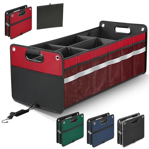 WINHUNT Car Boot Organiser, Large Storage Organiser, Non Slip Bottom, Collapsible Multi Compartment for Home, Suv, Truck, 100L(Red)