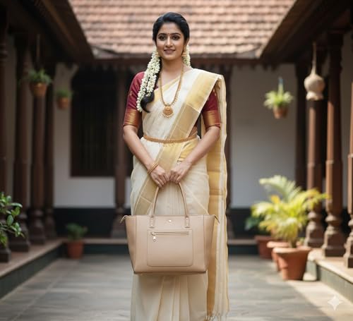 Image of tote bag for women office use - Brown Vegan Leather Tote Bag for Work-Office, Laptop 15-inch Fully Embossed Shoulder Handbag Stylish & Durable