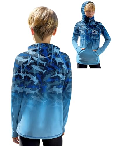 BesserBay Youth Boys UV Protection Ralgan Long Sleeve Fishing Shirt Thumb Holes Hooded Rash Guard with Pocket 6-16 Years2