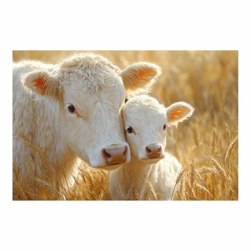 Poster vache et veau art moderne toile de lin tendresse animale 70x100cm