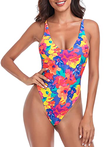 Relleciga Women's Colorful Floral High Cut Low Back One Piece Thong Swimsuit For Women Size Medium #TOP1