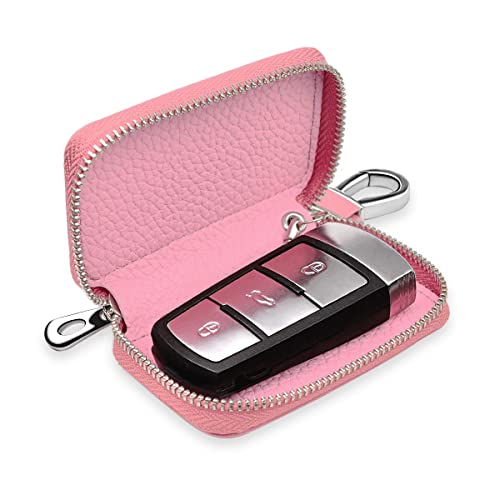 Buffway Car Key Cover,Genuine Leather Car Smart Key Chain Coin Holder Metal Hook And Keyring Wallet Zipper Bag For Auto Remote Key Fob - Pink #TOP2