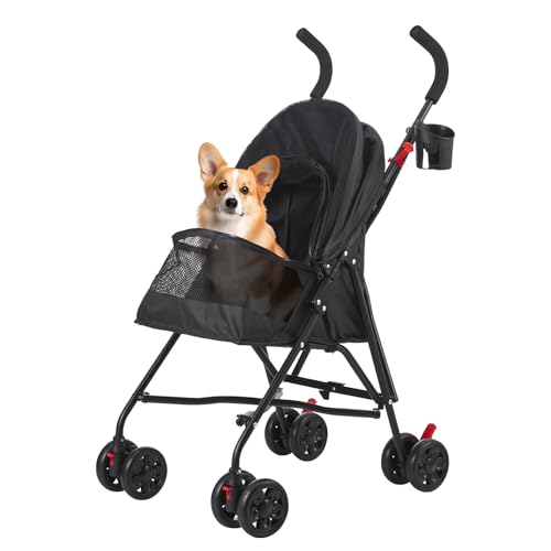 COOLCRAB Pet Stroller Oxford Cloth Foldable Dog Strollers for Small Dogs and Cats Suitable for All Road Surfaces Wide-View Panoramic Window 4 Wheels with Brakes Portable Design, Easy to Store (Black)
