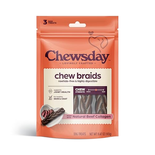 Chewsday Dog Rawhide Free Chew Braids Made with Real Beef Collagen Supports Hip & Joint Skin & Coat Highly Digestible 3 Count
