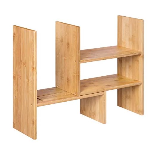 SONGMICS Organizador de Escritorio, Estantería de Sobremesa, Montaje Bricolaje, Ahorro de Espacio, Librería Pequeña, Ajustable en 3 Posiciones, para Oficina, Dormitorio, Cocina, Bambú Natural OFS45NL