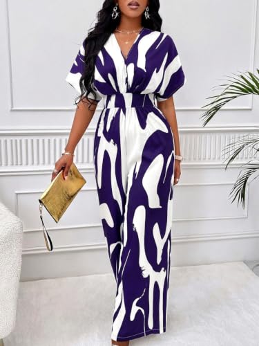 Image of PerZeal Women's V-Neck Short Sleeve Printed Jumpsuit with Pockets - Casual Wide Leg One-Piece Romper for Summer(S-XXL)