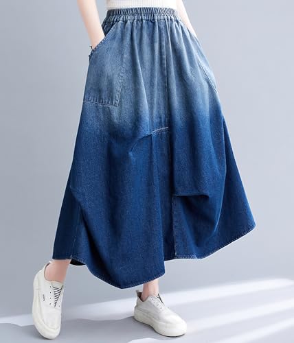 chouyatou Women's 2024 Ruched Midi Long Denim Skirt Casual A-Line High Waist Pleated Jean Skirt4