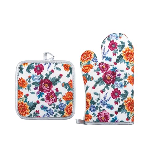 Floral Oven Mitts and Pot Holders Sets 2 Pcs, Canvas Heat Resistant Kitchen Mittens with Hot Pads, Vintage Farmhouse Country Decor, Non-Slip Cooking Baking Grilling Gifts for Women Mom (Flower4)