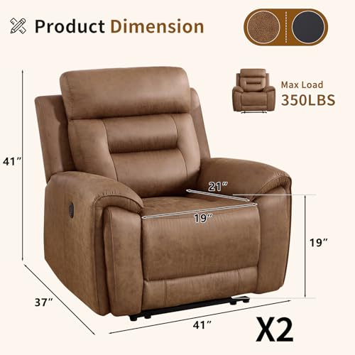 Image of ANJ Power Recliner Chair Set of 2 with USB&Type-C Ports, Breathable Faux Leather Oversized Electric Recliners, Single Overstuffed Heavy Duty Reclining Sofa Chairs for Living Room, Brown