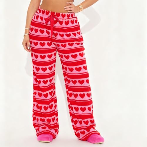 Image of Valentine's Day Flannel Pants Women's Romantic Heart Print Elastic Drawstring Waistband Wide Leg Loose Fit Trousers