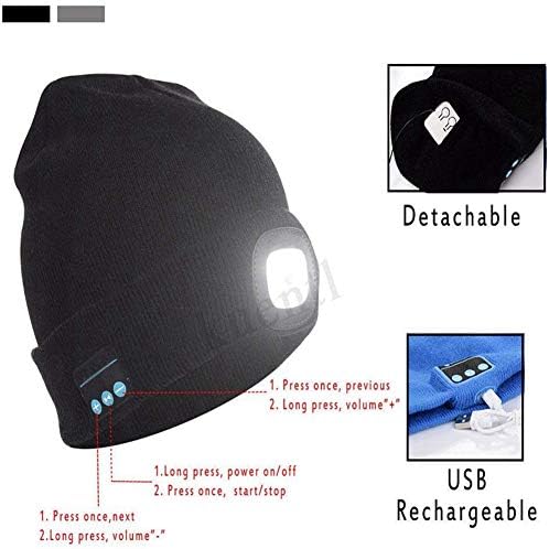 ADLOASHLOU Unisex Bluetooth Beanie Hat Light, 4 LED Wireless Headphones Caps, USB Rechargeable Wireless Musical Running Hat,for Skiing Camping Cycling Christmas New Year Gifts for Dad Husband Boys 1#