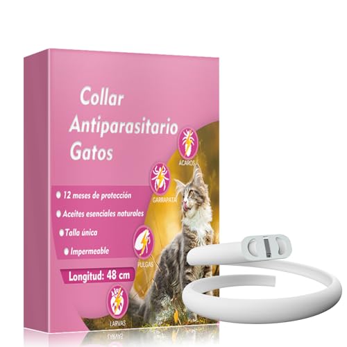 Collar Antiparasitario Gatos, Natural Collar Antipulgas Gatos, Protección Impermeable de 12 Meses, Ajustable 48 cm