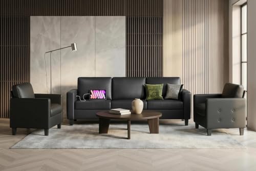 Image of STHOUYN Black Faux Leather 3 Seater Sofa Couch and Accent Chair Set (3+1+1)