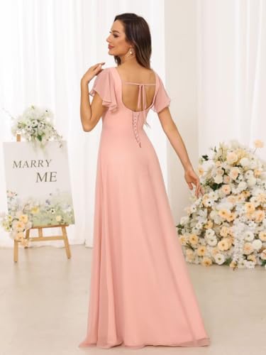 YMSHA Short Sleeve Bridesmaid Dresses with Slit A Line Pleated Formal Dress YMS3484