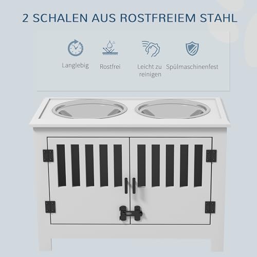 PawHut Futternapf, Erhöhtes Futterstation mit 2L Futterschale aus Edelstahl, Stauraum, Doppeltür mit Schloss, Hundebar für extra große Hunde, Weiß