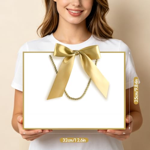 Image of JMANNI Gift Bags with Handles, 13 inch Medium Gift Bag for Presents, 8 Pcs Bags with 16 Tissue Paper and 8 Cards for Baby Shower Wedding Bridal Shower Mother's Day Birthday Party(white-gold)