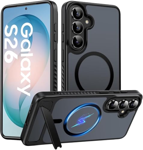 Image of Elzzi Magnetic Magsafe for Samsung Galaxy S26 Case [Compatible with MagSafe][Full Camera Protection][Built-in Invisible Kickstand] Translucent Matte Phone Back Cover-Black