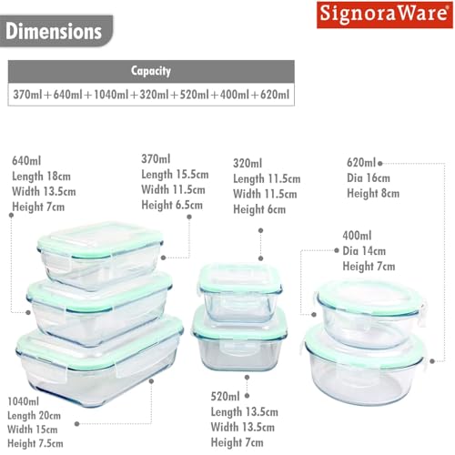 Image of Signoraware Lock N Store Borosilicate Glass Container | Airtight & Leakproof | Microwave Safe | Ideal for Kitchen, Office & Gifting (320ml+520ml+400ml+620ml+370ml+640ml+1.04Ltr | Setof7 | Clear)