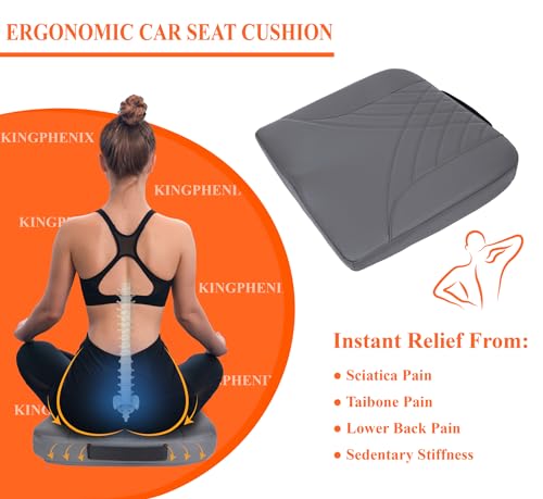 Image of kingphenix Premium Car Seat Cushion, Memory Foam Driver Seat Cushion to Improve Driving View- Coccyx & Lower Back Pain Relief - Seat Cushion for Car, Truck, Office Chair (Leather Dark Gray)