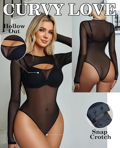 Image of GirlFriend Mesh Bodysuit for Women Long Sleeve Body Suit Sexy Tops Cut Out Leotard See Through Shirts Sheer Rave Outfits